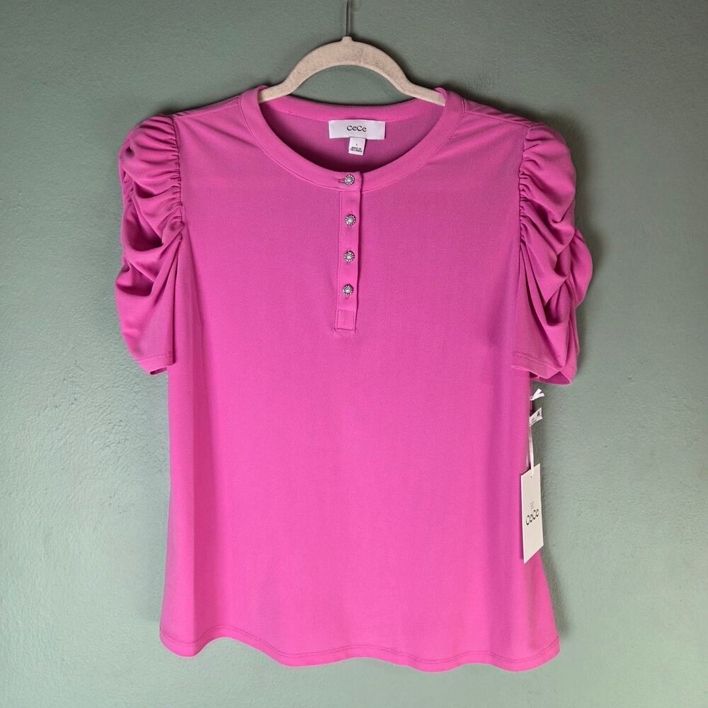 CeCe Womens Shirred Sleeve Henley Knit Blouse Top Pink Large Office Career NWT